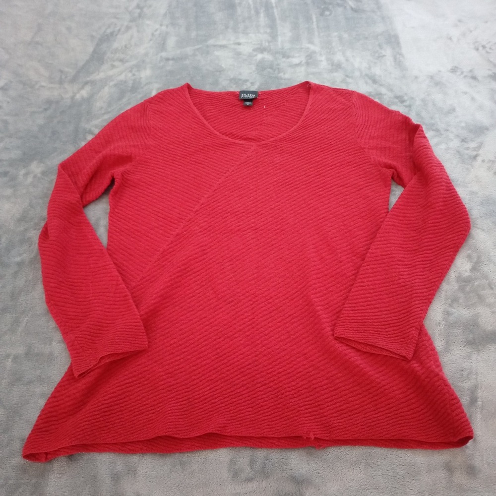 Eileen‎ Fisher Knit Top Women M Red Good Diagonal Ribbed Scoop Neck Long Sleeve